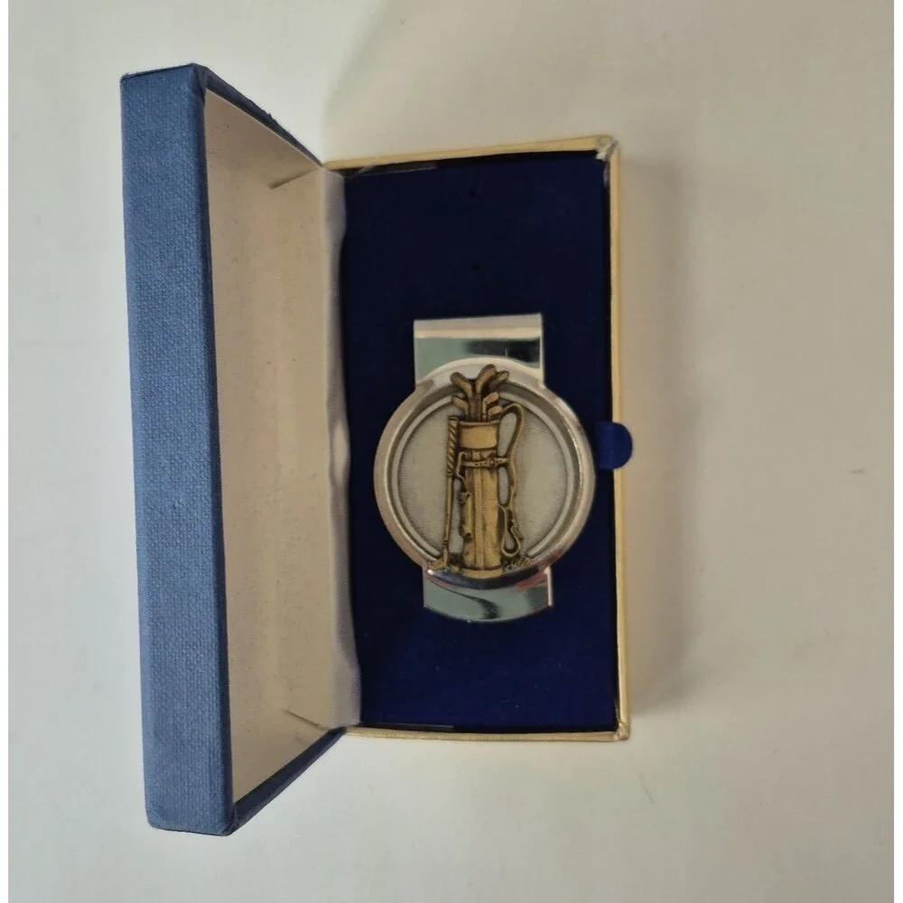 Fort Vintage Silver and Gold Tone Golf Clubs Money Clip in Original Lined Box